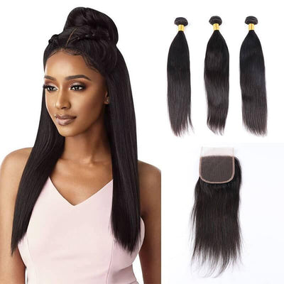 3 PCS Indian human hair extensions with 4x4 closure - zsfwigs