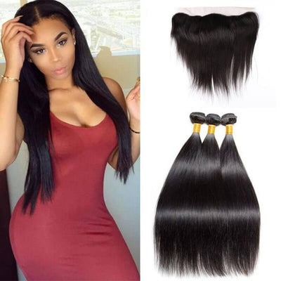 13x4 lace frontal with 3 bundles Indian human hair extensions - zsfwigs