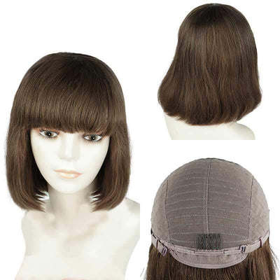 Indian brown color human hair glueless wig with bangs for sale - zsfwigs