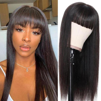 Malaysian glueless long straight remy human hair wig with bangs - zsfwigs